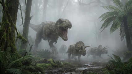 Fototapeta premium Tyrannosaurus rex aggressively pursuing two triceratops through a dense, foggy prehistoric jungle, depicting a dramatic survival scene of predator and prey in primeval wilderness