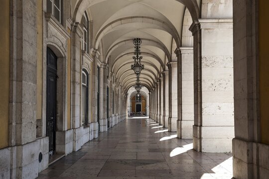 Arcades, arcade at the Ministry of Justice, Pra&ccedil;a do Comercio, Baixa district, Lisbon, Portugal