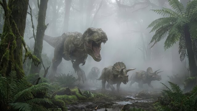 Tyrannosaurus rex aggressively pursuing two triceratops through a dense, foggy prehistoric jungle, depicting a dramatic survival scene of predator and prey in primeval wilderness
