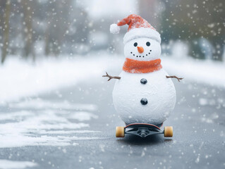 Fototapeta premium Christmas snowman wearing red hat and scarf rides skateboard on snowy street spreading joyful holiday cheer