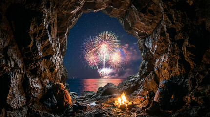 View of fireworks display through natural rock cave arch
