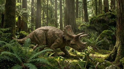 Triceratops dinosaur moving through a lush, dense prehistoric forest, eating green foliage, conveying themes of ancient wildlife, natural history, and lost worlds