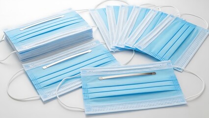 Collection of disposable light blue surgical face masks with adjustable nose clips and ear loops scattered on a clean white surface for health protection