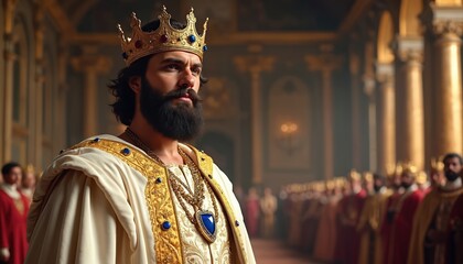 King stands in ornate palace hall with courtiers behind. Man wears jeweled crown, gold embroidered robe, large blue pendant necklace. Noble leader looks serious, thoughtful. Represents power,