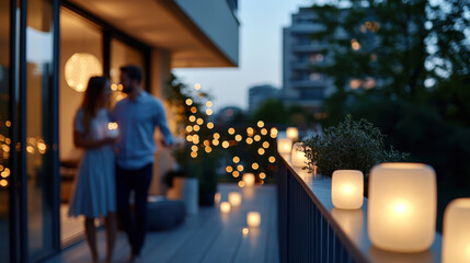 A couple shares a romantic moment on a balcony adorned with glowing candles and twinkling lights, creating a magical atmosphere for love and connection amidst twilight.