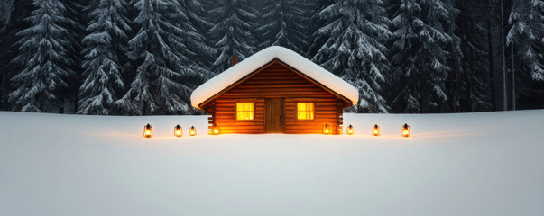 Christmas cabin glows warmly in snowy forest night with lanterns lighting peaceful winter scene and cozy festive atmosphere