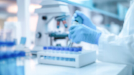Blurred pharmaceutical production line with moving glass bottles and automated machinery.