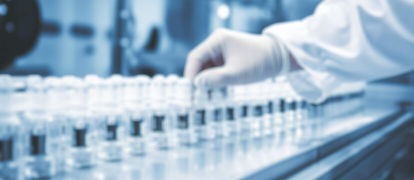 Blurred pharmaceutical production line with moving glass bottles and automated machinery. - Powered by Adobe