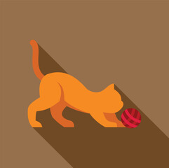 Orange cat playing with red ball of yarn, simple flat design with long shadow