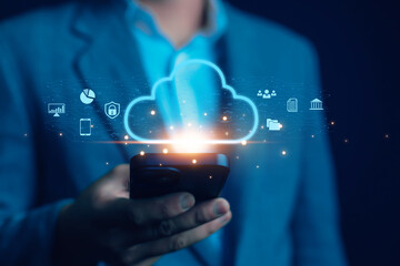 Cloud technology concept with glowing digital icons emerging from a smartphone, representing secure data storage, online connectivity, business analytics, and modern cloud-based digital transformation