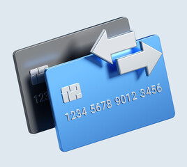 3d rendering of two credit cards with change arrows. stylized simple 3d icon. 3d illustration for business and finance	