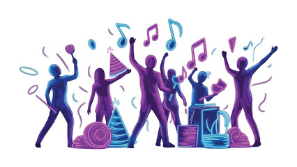 Musical Celebration: A vibrant scene unfolds as silhouettes of people joyfully celebrate with music, confetti and festive hats, creating a lively atmosphere of merriment.
