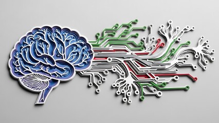 Layered papercraft illustration depicts the human brain connecting to complex digital circuitry symbolizing artificial intelligence and advanced neural network technology integration