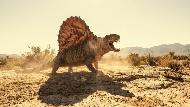 Dimetrodon snarling on sunbaked desert terrain, mouth open to reveal teeth, spiny sail visible as this permian predator prowls dusty, ancient wilderness habitat