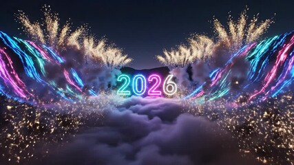 Vibrant neon 2026 celebration with fireworks, confetti and glowing light beams over clouds.