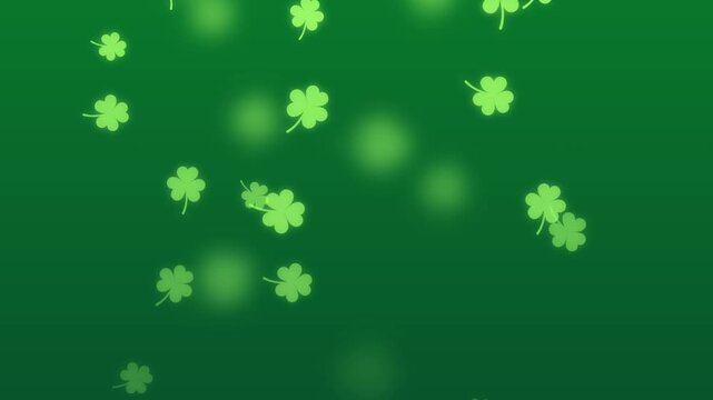 clover leaves fall on gradient green background. St Patrick holiday festive theme