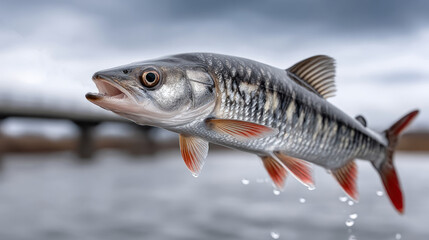 A vibrant fish arcs gracefully through the air, creating a moment of wonder above the serene water landscape