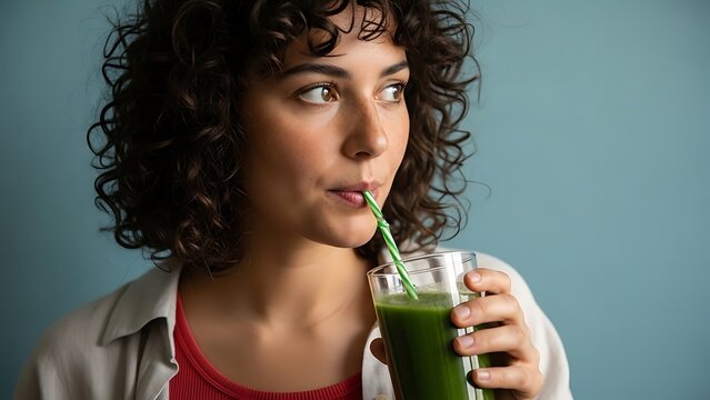 Woman with curly hair drinking green smoothie through a straw