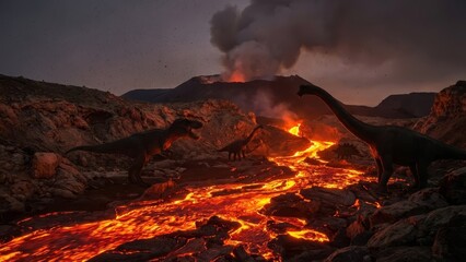 Powerful dinosaurs, including a tyrannosaurus rex and brachiosaurus, are reacting to a dramatic primeval volcanic eruption with hot molten lava flowing through their prehistoric environment