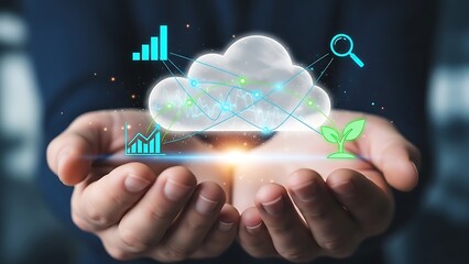 Businessman holding glowing digital cloud technology symbolizing data growth analysis search and sustainable environmental business development in dark background