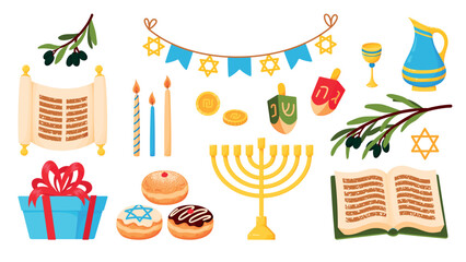 Set of Hanukkah holiday elements and attributes. Hanukkiah, Torah, dreidel, sufganiyot, coin, Star of David, candles, olive branch. Flat vector illustrations isolated on white background