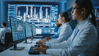 Focused Scientists Analyzing Data in Advanced Research Laboratory