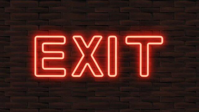 A dark brown Neon sign originally glows with green light spelling -exit, brick background