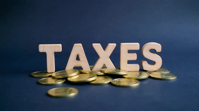Wooden letters spelling 'TAXES' standing on a pile of gold coins.
