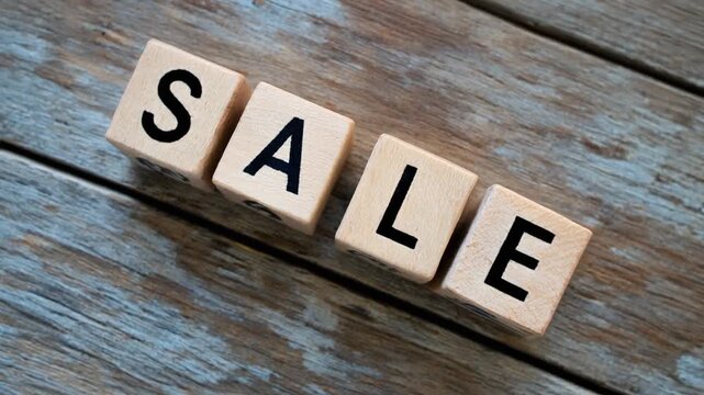 The word SALE spelled out with wooden blocks on a rustic wood background.