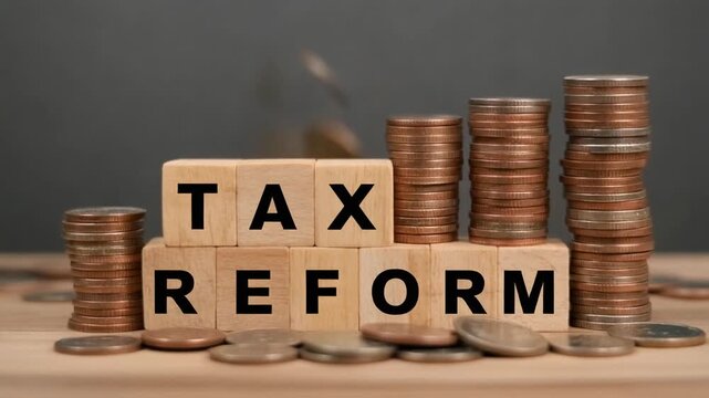 Wooden blocks spell 'TAX REFORM' with coins falling in the background.