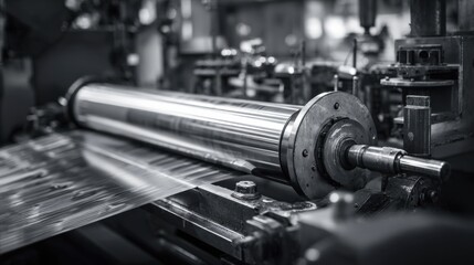 Fototapeta premium Medium shot of gravure plate engraving showing rotary cylinder with deep etching patterns and skilled craftsmanship in creating printing grooves