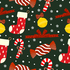 Joyful Christmas seamless pattern with festive holiday decoration. winter background featuring candy cane, stocking, bell, and ribbon for cheerful seasonal design