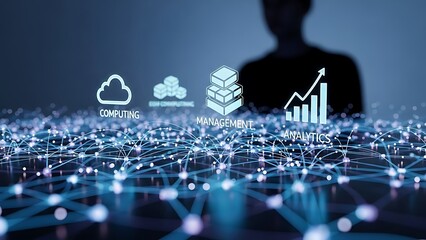 Business professional overseeing digital infrastructure management cloud computing and data analytics growth represented by glowing network connections in a dark environment