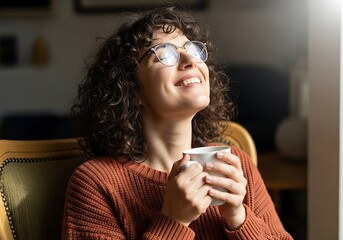 Happy young woman with curly hair and glasses enjoying a warm drink indoors