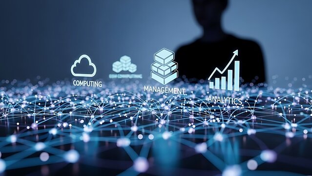 Business professional overseeing digital infrastructure management cloud computing and data analytics growth represented by glowing network connections in a dark environment - Powered by Adobe