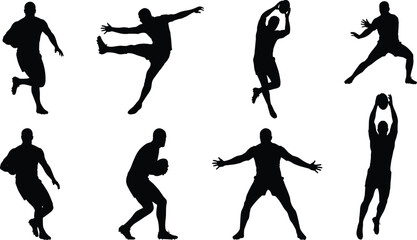 Set of black rugby or American football player silhouettes showing diverse dynamic actions including running with the ball, kicking, catching, jumping, and defending on a white background, isolated.