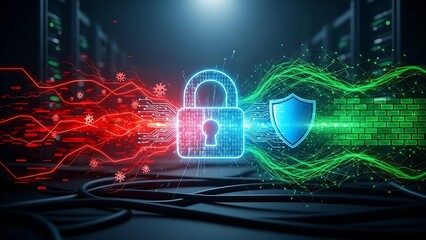 Digital security concept featuring a glowing blue padlock and shield symbolizing protection against red cyber threats within a dark server room environment