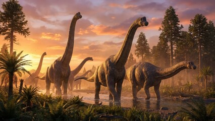 Herd of sauropod dinosaurs, resembling brachiosaurus, walking through a shallow river or stream in a lush prehistoric forest landscape during a golden sunset