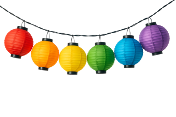 String of rainbow paper lanterns isolated on transparent background