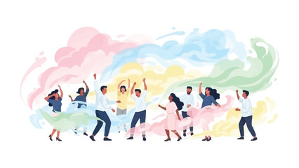 A Symphony of Color and Celebration: A vibrant scene unfolds as individuals dance amidst a cloud of colored powder, celebrating togetherness, joy, and the vibrancy of life.