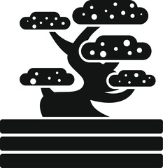 Bonsai tree growing on a small wooden platform, representing japanese culture and miniature art