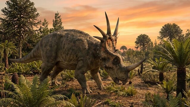 Styracosaurus dinosaur walking through a lush prehistoric forest featuring ferns and cycads under an orange sunset sky, depicting ancient life and extinct species