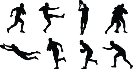 Set of black rugby or American football player silhouettes showing diverse dynamic actions including running with the ball, kicking, diving, catching, tackling, and defending on a white background