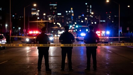 Police officers stand from behind police line do not cross tape, protecting a crime scene or restricted area with flashing emergency vehicle lights in a city at night