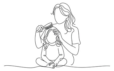 Continuous line art illustration of a mother brushing her daughter's hair