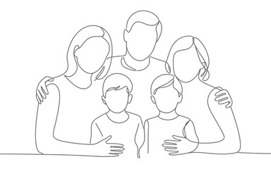 A continuous line drawing of a loving family of five embracing each other