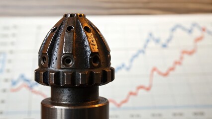 Metallic valve cap in foreground with a blurred financial graph background, illustrating industrial and economic themes.