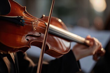 Symphony Orchestra Violinist Performing Classical Piece with Passion and