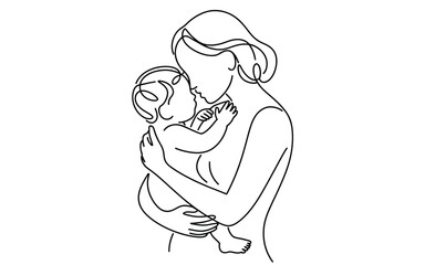 A beautiful minimalist continuous line illustration captures the intimate bond between mother and child
