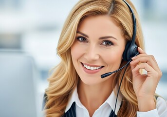 Smiling female customer service agent or call center operator wearing headset
